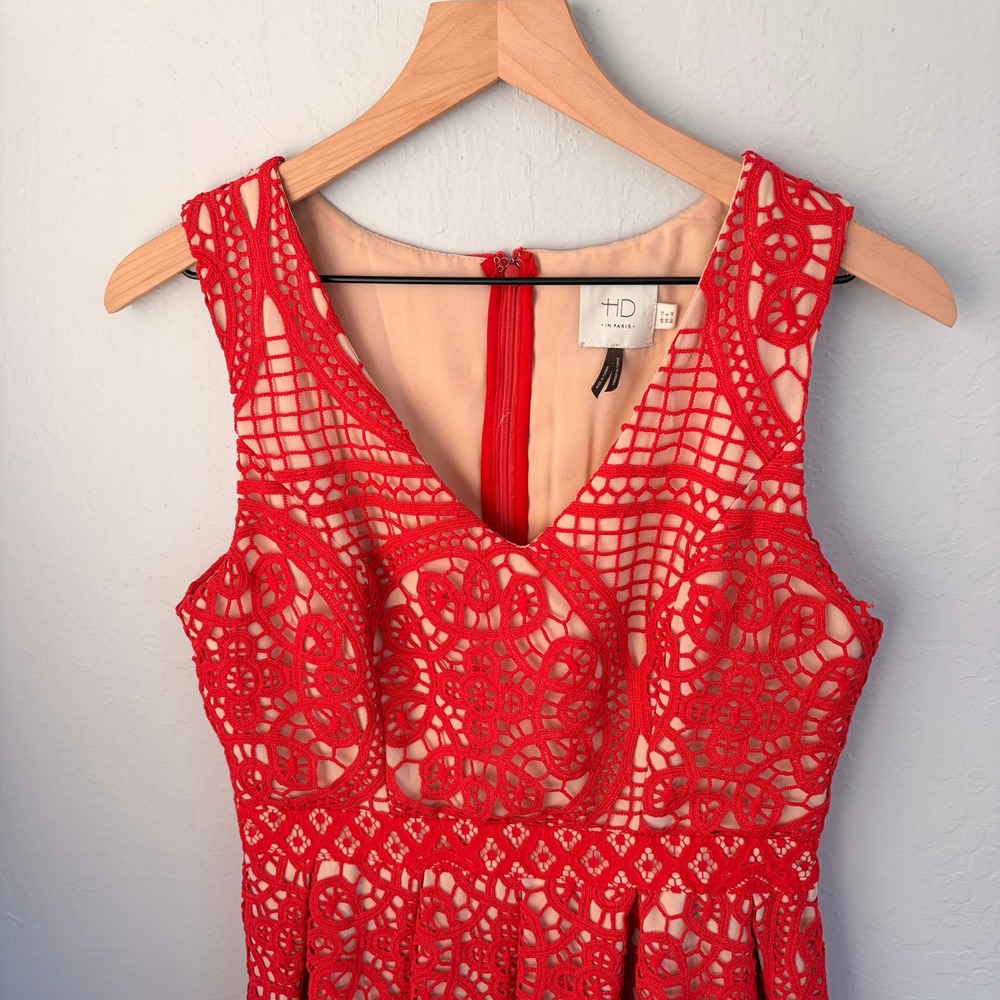 Anthropologie HD in Paris Dress Dress Women's 8 Coral Red Crochet Lace - Picture 3 of 14